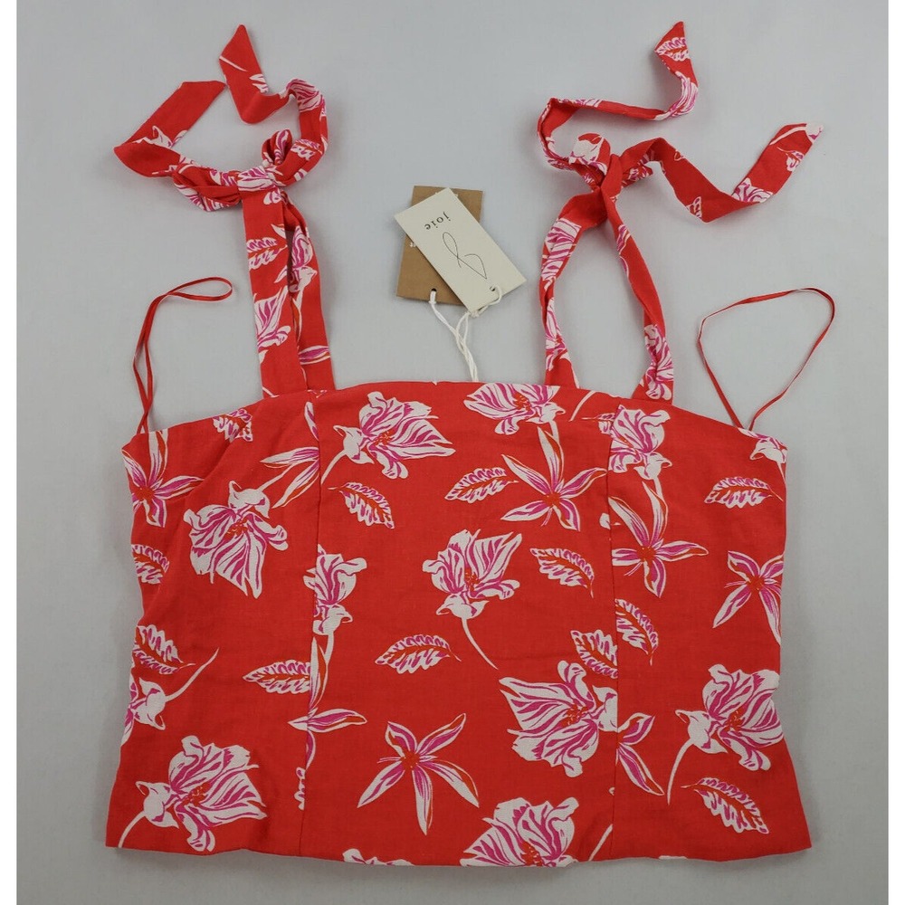 Joie Women Red Linen Floral Sleeveless Blouse Tie Shoulder Top 0749771 Size 10